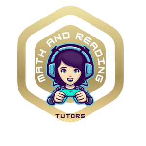Logo for math and reading tutors with a character holding a game controller and headphones.